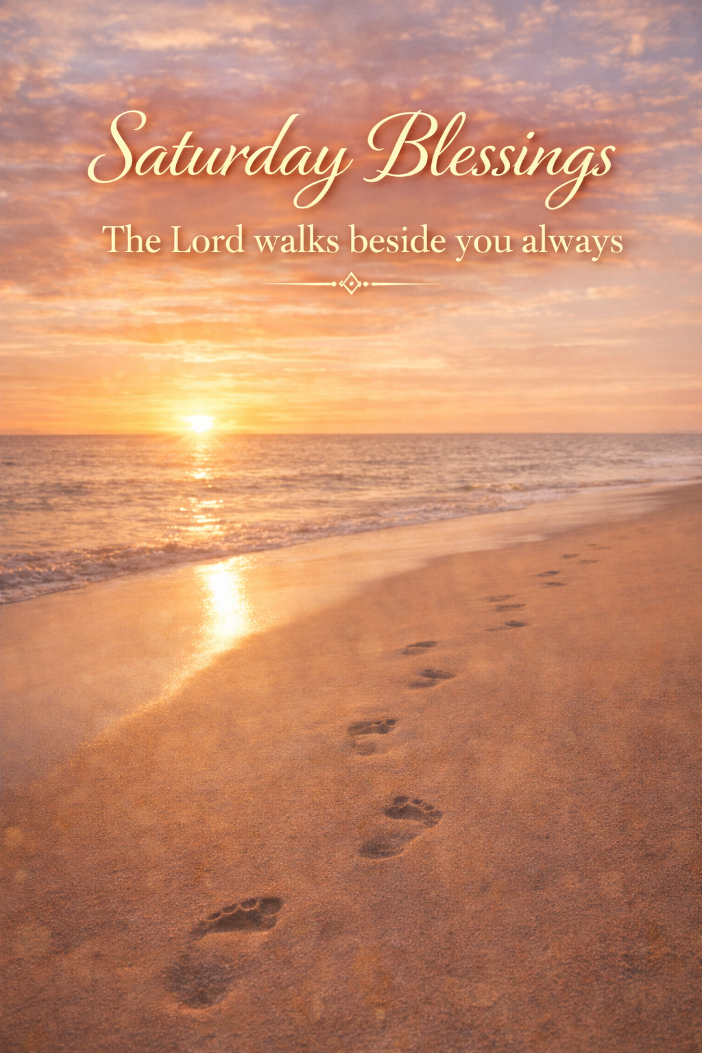 Sunset over calm beach with footprints in the sand, "Saturday Blessings — The Lord walks beside you always" in gold — peaceful weekend WhatsApp blessing